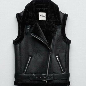 ZARA Women's Black Faux Leather Shearling Vest - NWT- Size Small